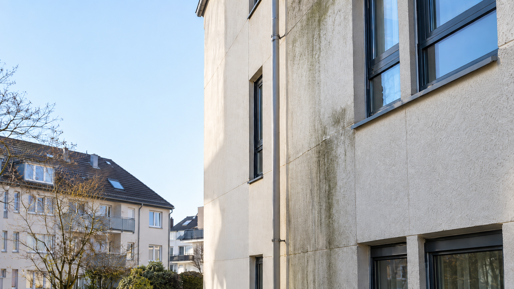 Algen und Grünbelag an einer verschmutzten Hausfassade