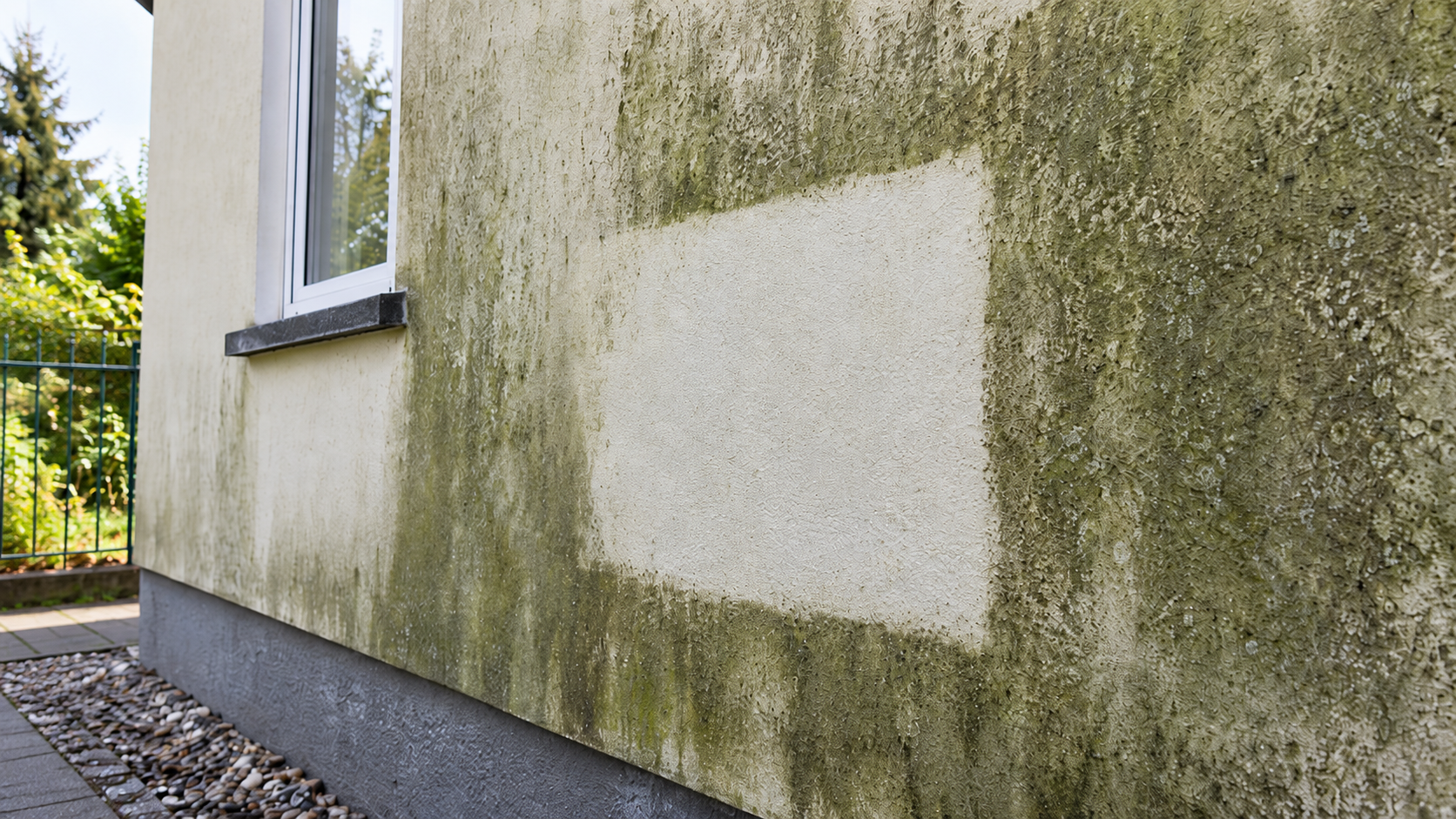 Probefläche zeigt das mögliche Ergebnis einer Fassadenreinigung